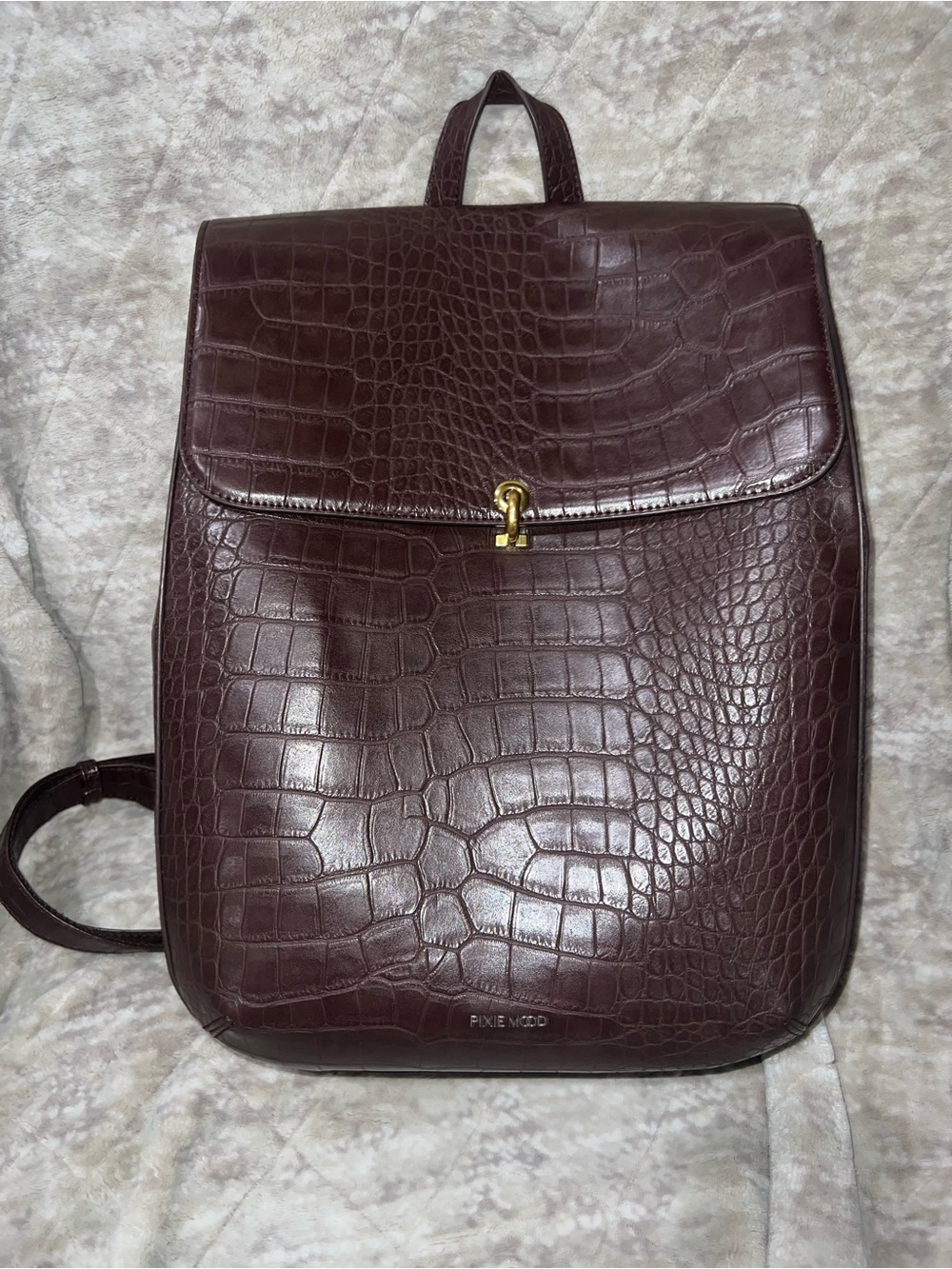 Pixie Mood Dark Brown Croc-Embossed Leather Backpack Purse with Gold Hardware